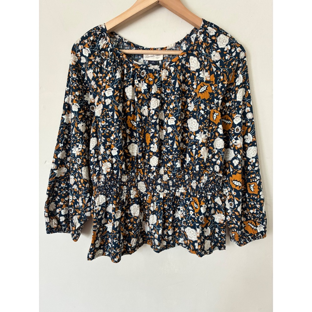 Universal Thread Floral Smocked Waist Peplum Blouse Navy Mustard Cottagecore M